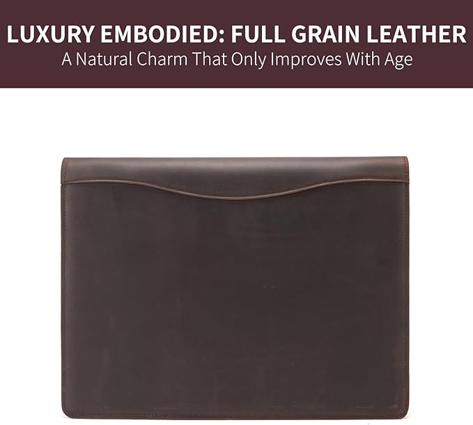 Geslun Genuine Leather 3 Ring Binder, 8.5 x 11 Letter Size Folio with Pen Holder, Soft Notebook Portfolio Cover, Slim Notepad Padfolio Thin File Organizer for Work Executive Meeting, Dark Brown