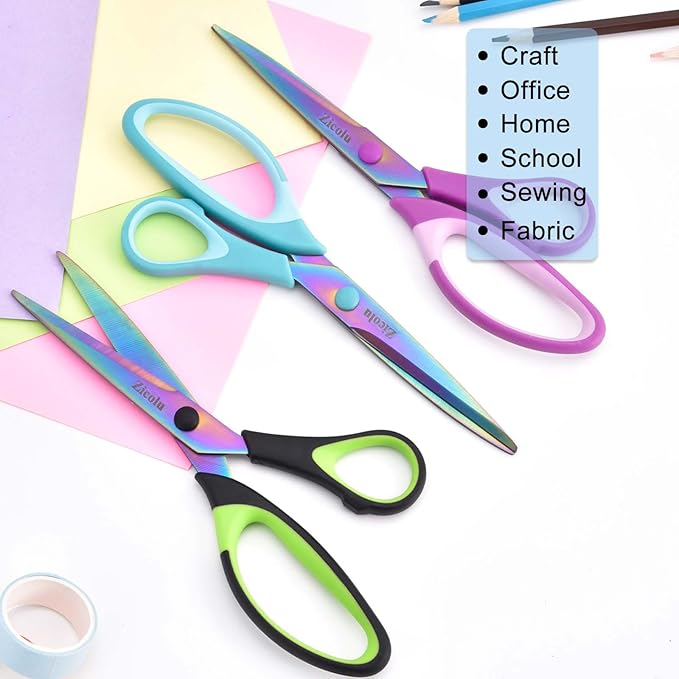 8.5" Scissors All Purpose, Multipurpose Office Scissors Set, Titanium Coating Sharp Blade, Soft Comfort-Grip, Ideal for Fabric, School, Home, Craft & Sewing, Right/Left Handed, Assorted Color, 3 Pack