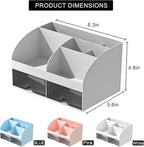 Desk Organizer with 6 Compartments and 2 Drawers, Plastic Makeup Organizer, Pen Holder for Desktop Storage, Desk Organization for School, Home, Office Supplies (Grey)