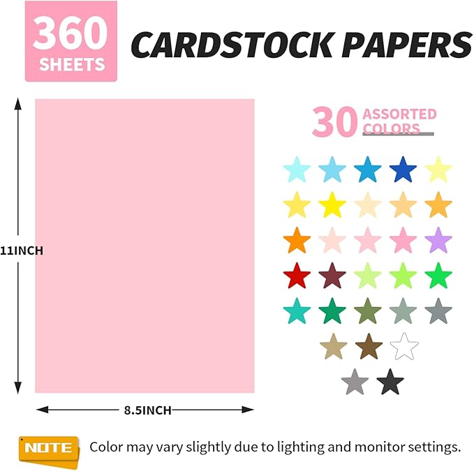 INFOOD 360 Sheets 8.5" X 11" Colored Cardstock Bulk, 30 Assorted Colors Construction Paper Card Stock Paper for Printing, Card Making, DIY Crafts, School & Office Supplies, Party Decorations, 180 GSM