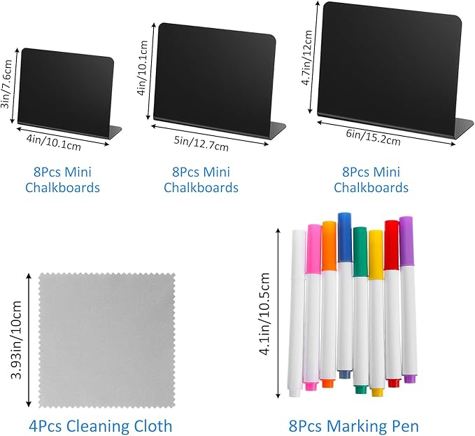 24 Pcs Mini Chalkboard Signs with 8 Chalk Markers and 4 Cleaning Cloth, for Food Labels, Wedding and Bakery, Tabletop Chalkboard Signs, Mini Blackboard Signs