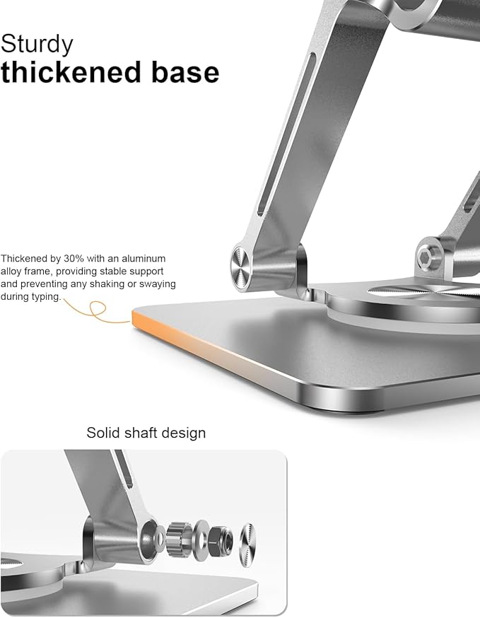 Tablet Stand Holder with Thickened 360°Rotating Base Dual Rod Adjustable Aluminum Stand for All 5.8-12.9” iPad Samsung Phone Tablet Kindle E-Reader and More, Silver