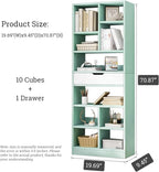 IOTXY Wooden Open Shelf Bookcase - 71 Inches Tall Freestanding Display Storage Cabinet Organizer with 10 Cubes and a Drawer, Floor Standing Bookshelf in Tiffany-Green