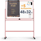 Large Dry-Erase Rolling Magnetic Whiteboard - 48 x 32 Inches Dry Erase Board with Stand Height Adjust Double Sides Mobile White Board Easel on Wheels with 25 Sheets Paper Pad Office, Home & Classroom