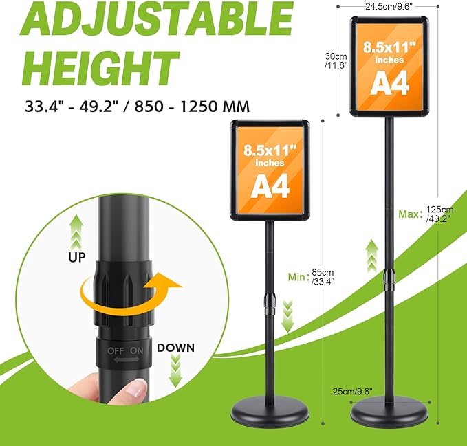 RedChili Floor Standing Sign Holder Stand for 8.5x11 Inches Poster or Chalk Board, Pedestal Sign Holder with Snap Open Frame 8.5" x 11",360° Rotation, Outdoor Indoor Standing Display Sign Holders for Advertising (Black, Round Corner)