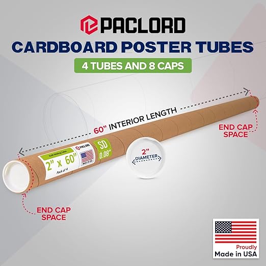 Paclord 2" x 60" Reinforced Kraft Paper Mailing Tube, Pack of 4 Tubes with 8 Caps – Secure USPS Approved Poster Tube – Cardboard Tube for Shipping and Storing Posters, Prints, Artwork, or Documents