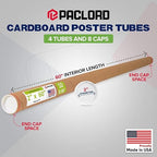 Paclord 2" x 60" Reinforced Kraft Paper Mailing Tube, Pack of 4 Tubes with 8 Caps – Secure USPS Approved Poster Tube – Cardboard Tube for Shipping and Storing Posters, Prints, Artwork, or Documents