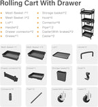 Sorgion 4 Tier Rolling Cart Organizer,Art Craft Diaper Bedside Snack Laundry Room Bathroom Organizer Narrow Thin Slim Rolling Trolley Utility Cart with Wheels for Kitchen,Office(Black)