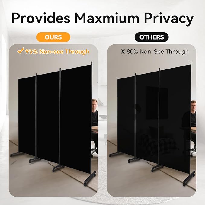 Room Divider (3 Panel) Wall Divider for Room Separation, 102 inch Wide Portable Privacy Screens W/Wheels, Metal Frame Freestanding Room Separators 5.6FT Room Partitions and Dividers
