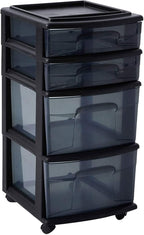 HOMZ 2-Pack Drawer Tower, 4-Tier Clear Plastic Storage Organizer Cart, Black Tint and Frame - Organizing Containers with Wheels for Home, Bathroom, Bedroom, Office, and Classroom