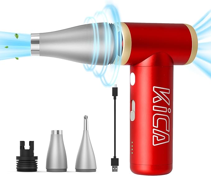 Compressed Air Duster-KiCA JetFan 2S Electric Air Duster,117000 RPM Rechargeable Cordless Air Blower for Cleaning Keyboard&PC, Jet Dry Duster with New Extreme Mode, Metal Shell-Red