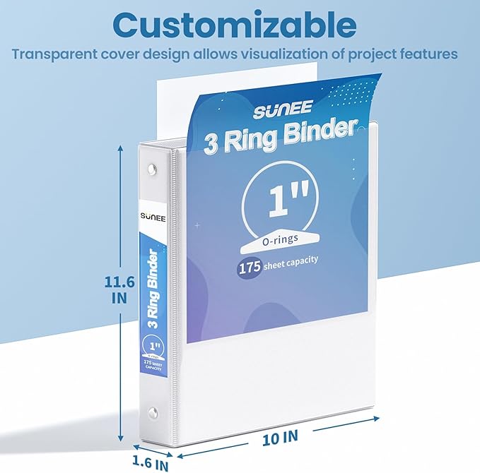 SUNEE White Binders 1 Inch 36 Pack Bulk, Clear View 3 Ring Binders PVC-Free (Fit 8.5x11 Inches) for School or Office Supplies