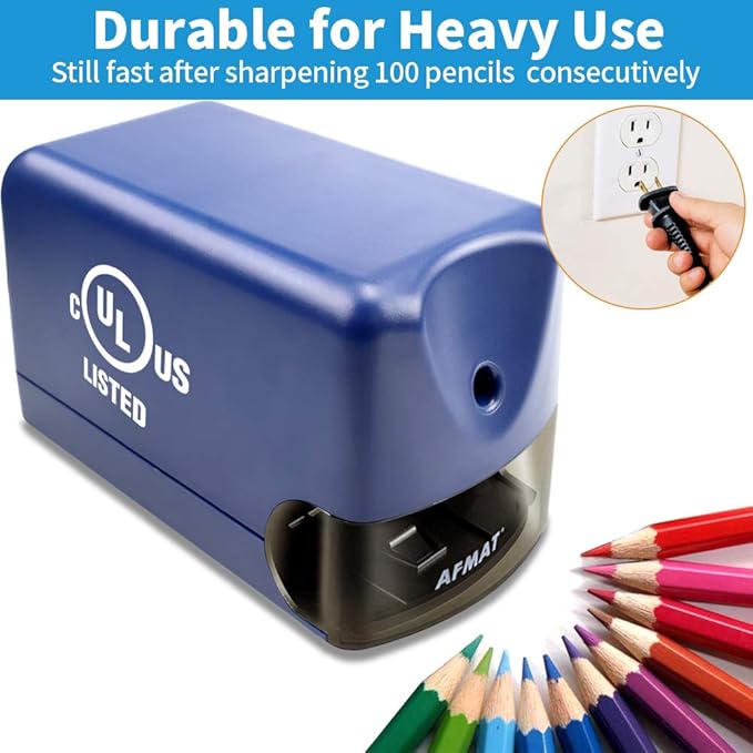 AFMAT Electric Pencil Sharpener, Heavy Duty Colored Pencil Sharpeners for Classroom, Home, UL Listed Pencil Sharpener for 6.5-8mm No.2/Colored Pencils, 10000+ Sharpenings, Blue PS28