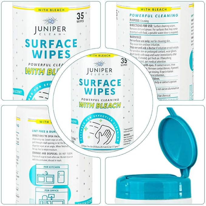 Juniper CLEAN 12 Pack Surface Cleaning Wipes with Bleach, All-Purpose Cleaner for Bathroom, Kitchen, Office, 420 Count Canister, 7.5" x 7" Sheet, Fresh Scent, Lint Free & Durable