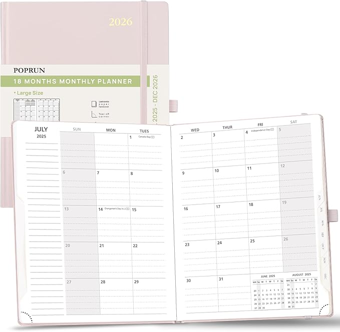 POPRUN 2025-2026 Monthly Planner (B5 8" X 10"), 18-Month Calendar Book (Jul.25 - Dec.26) with Monthly Tabs, Hardcover, Inner Pocket, 100GSM Thick Paper - Light Pink