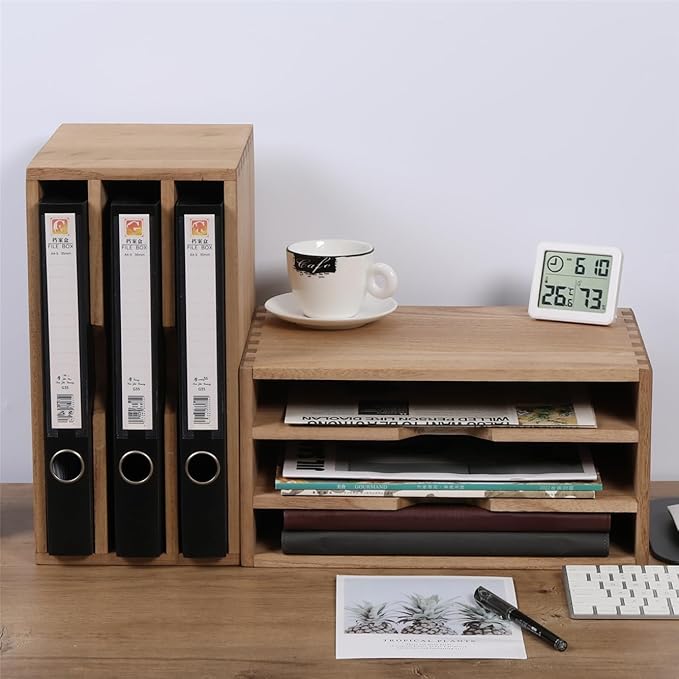 DDYURI 3-Tier Paper Storage Letter Tray File Sorter - Wood Desktop Document Organizer Holders with Mail Sorter, School & Home Magazine File Dividers, Book Rack Shelf Stand for HD-SJ3K (Light)