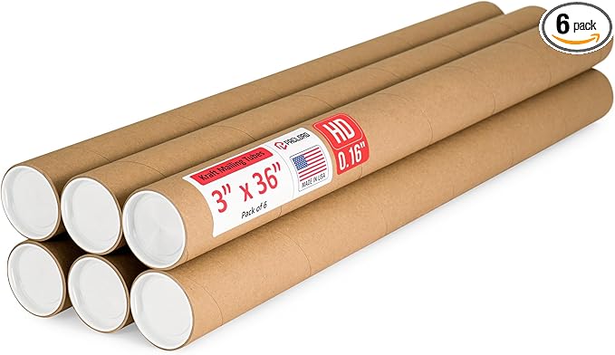 Paclord 3" x 36" Heavy-Duty Reinforced Cardboard Mailing Tube, Pack of 6 Tubes with 12 Caps – Secure USPS Approved – Great for Shipping and Storing of Prints, Artwork, Posters or Documents