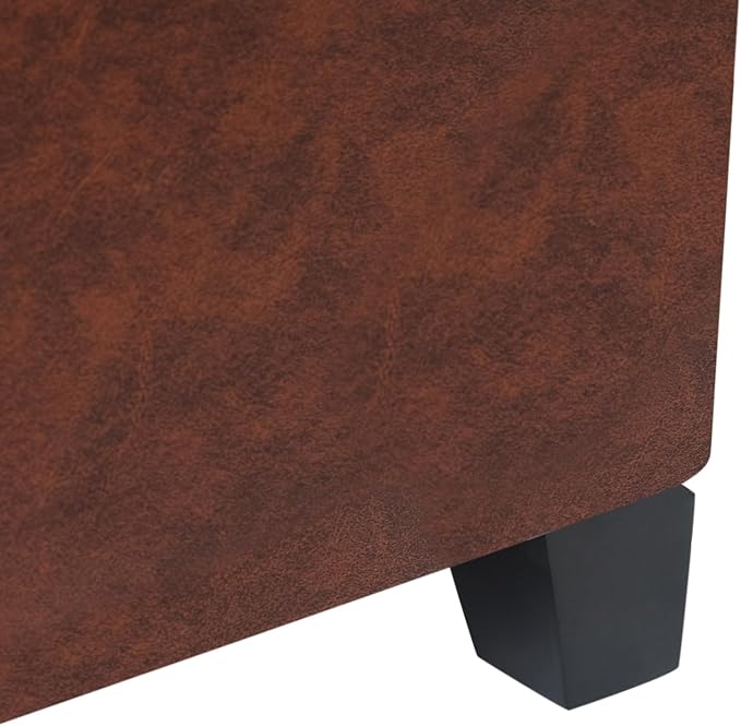 Adeco Small Faux Leather Storage Ottoman Bench with Wood Legs, Square Red & Brown PU Cube Foot Stool, Upholstered Button Tufted Vanity Chair with Hinged Lid for Living Room, Bedroom, Dorm