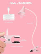 LiFMIRA Pink Small Desk Lamp Clip on LED Reading Light for Bed, 3 Color Modes 10 Dimmable Brightness, Book in Bed Headboard, Flexible Neck Clamp BL08