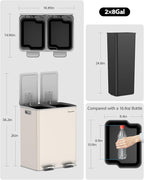 Lovewind Kitchen Trash Can, 2 x 8 Gallon (2 x 30 L) Stainless Steel Trash and Recycle Bin Combo with Soft-Close Lid, Dual Compartment Recycling Kitchen Step Trash Bin, Apricot