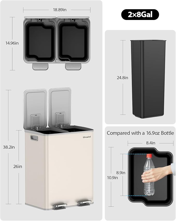 Lovewind Kitchen Trash Can, 2 x 8 Gallon (2 x 30 L) Stainless Steel Trash and Recycle Bin Combo with Soft-Close Lid, Dual Compartment Recycling Kitchen Step Trash Bin, Apricot