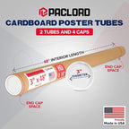 Paclord 3" x 48" Heavy-Duty Reinforced Cardboard Mailing Tube, Pack of 2 Tubes with 4 Caps – Secure USPS Approved – Great for Shipping and Storing of Prints, Artwork, Posters or Documents