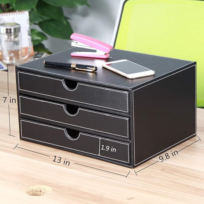 RHCSZ High-end PU Leather Desk Organizer File Cabinet Executive Office Supplies Desktop Filing A4 File Cabinet Stackable Storage Organizer Box with 3 Drawers (Black)…