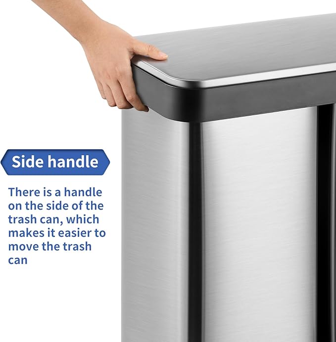 ComfyCorner 16 Gallon Dual Compartment Trash Can, Hands-Free Recycling Rectangular Garbage Bin, Stainless Steel Step-On Dustbin with Soft-Close Lid, Removable Inner Buckets, for Kitchen Home
