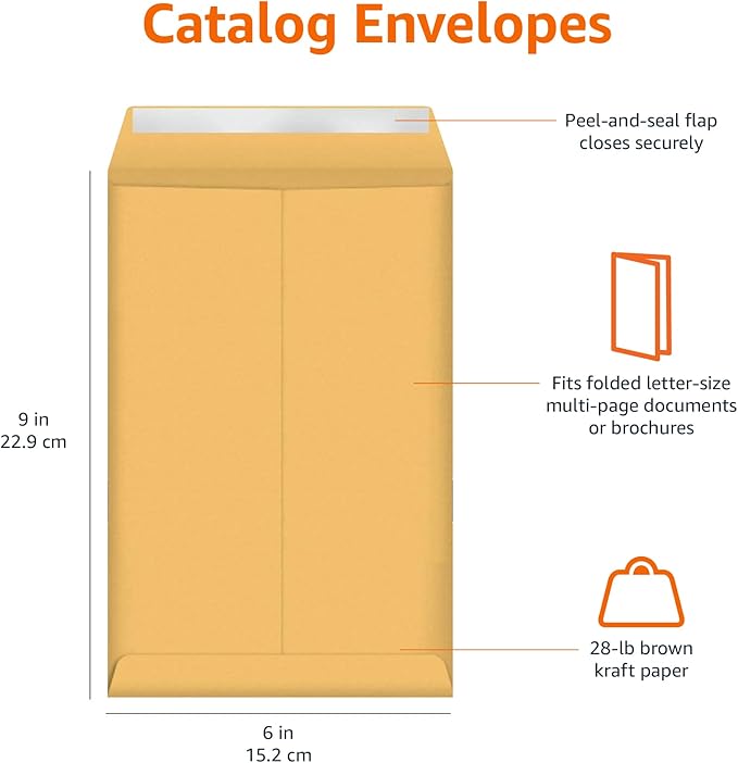 Amazon Basics Self Adhesive Catalog Mailing Envelopes, Peel and Seal, 6x9 Inch, Brown Kraft, 100-Pack