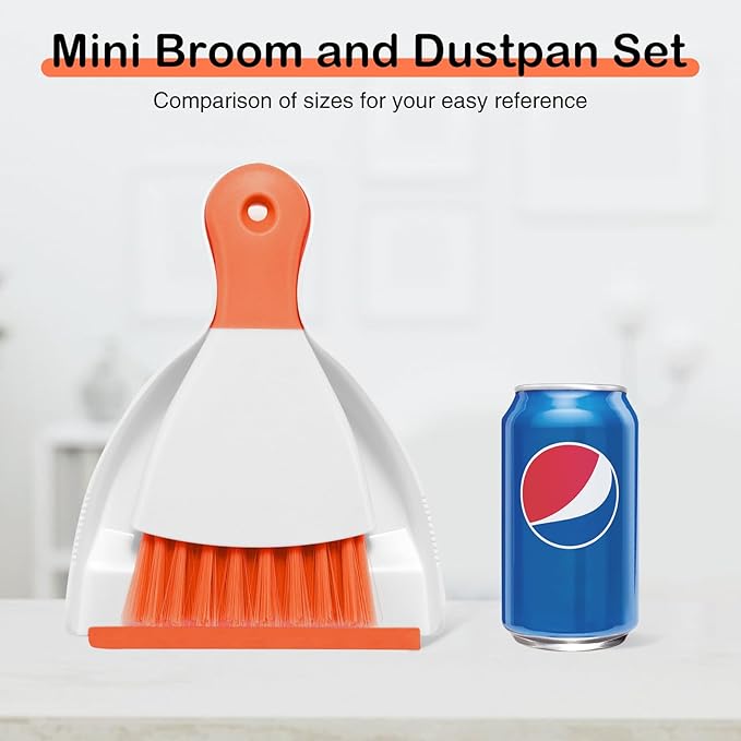 NACENA Mini Dustpan and Brush Set 2 Pack, Small Broom and Dustpan Set Dust Pan and Mini Hand Broom Dustpan and Broom Combo Compact for Home Table Keyboards Sofa Kitchen, Orange
