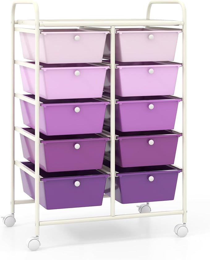 LDAILY 10 Drawer Rolling Cart, Storage Cart Organizer on Wheels, Drawer Cart with Metal Frame & Large Storage Capacity, Rolling Cart with Drawers for Living Room Classroom, Office