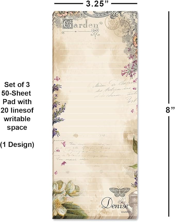 Provincial Garden Lined Personalized Shopping List Pad Set of 3, 50-Sheet Pads, 3 1/4 x 8 Inches, Memo Pad, Shopping List, to-Do Notes, Office Organizer, by Current