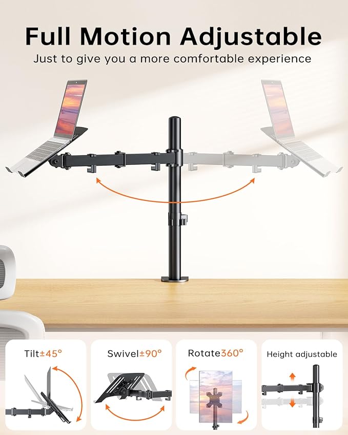 H&C(hcck&Cllassp) Laptop Desk Mount for 11"-17" Notebook, Fully Adjustable with Tilt, Swivel, Rotation, Extension, Single Laptop Arm with Vented Tray, C-clamp, Black