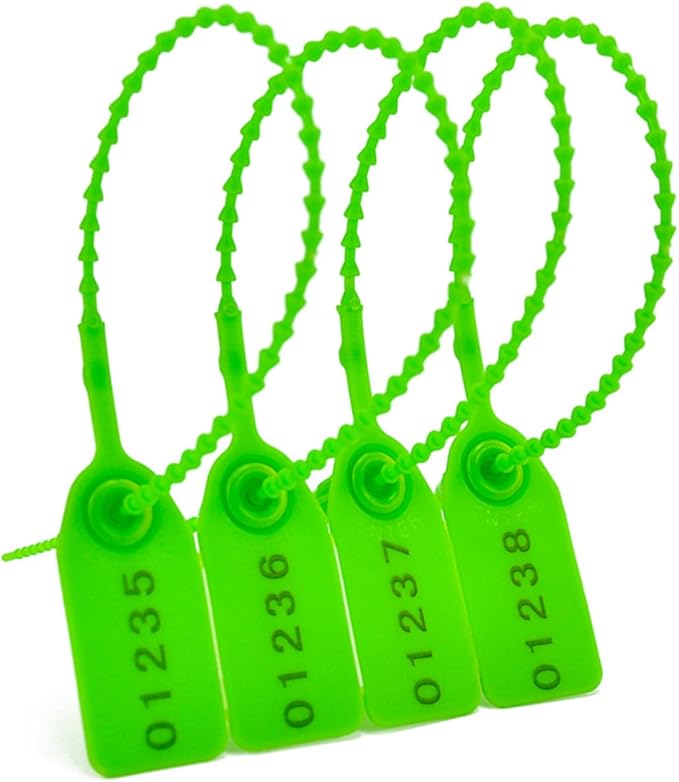 100Pcs Plastic Tamper Shipping Seals Pull-Tite Security Seal Signage Numbered Fire Extinguisher Tags Zip Ties Labels Disposable Self Locking for Logistics, Luggage,Transport (Green, 100pcs)