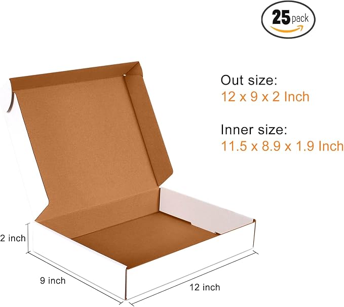 JOWLOT 12x9x2 inch Small Shipping Boxes Set of 25, White Corrugated Cardboard Box Literature Mailer for Mailing Packing Moving and Storage