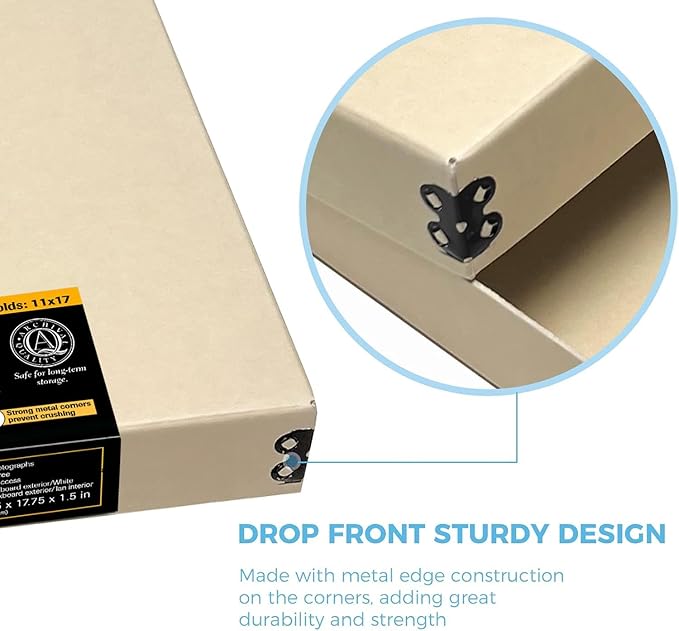 Lineco Museum Archival Storage Box, 11.75x17.75x1.5 in. Drop Front Design. Acid-Free with Metal Edge. Organize Photos, Pictures, Prints, Documents, Crafts, DIY. Tan, 1 Pack