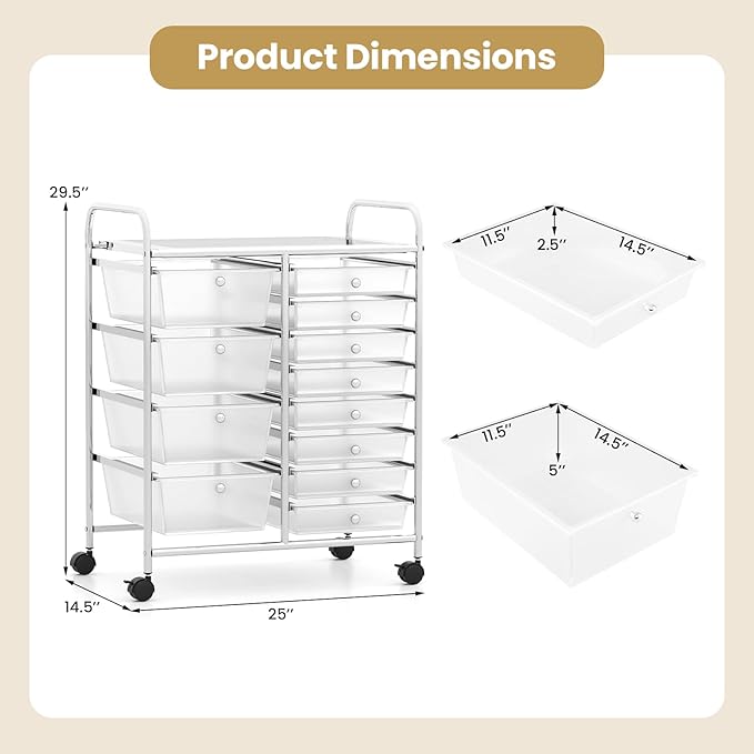 Giantex 12 Drawer Rolling Cart with Drawers, Storage Organizer Cart for Classroom Office School Teacher, Mobile Drawer Cart for Tools, Crafts, Small Printer, Clear