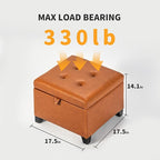 Adeco Small Faux Leather Storage Ottoman with Hinged Lid, 14 Inch High Square Cube Foot Stool with Storage, Upholstered Vanity Stool with Solid Wood Legs for Living Room, Bedroom, Dorm (Warm Orange)