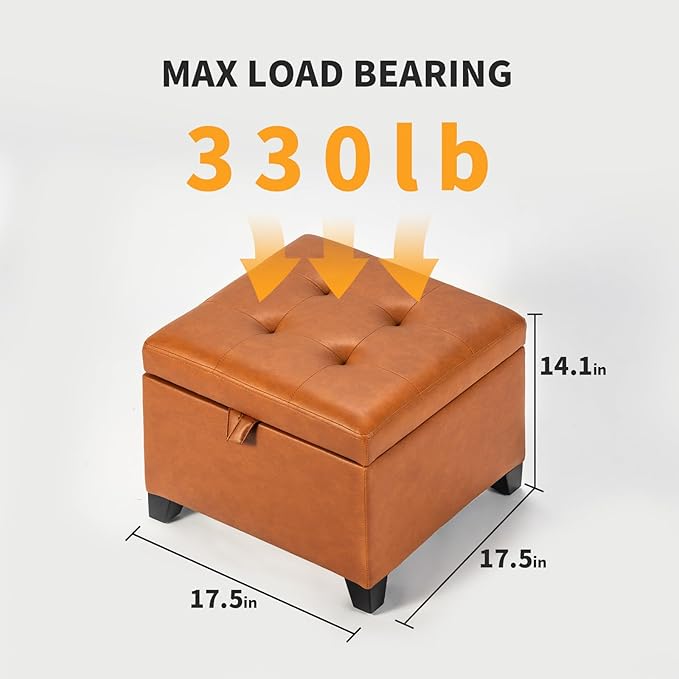 Adeco Small Faux Leather Storage Ottoman with Hinged Lid, 14 Inch High Square Cube Foot Stool with Storage, Upholstered Vanity Stool with Solid Wood Legs for Living Room, Bedroom, Dorm (Warm Orange)