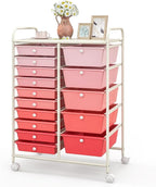 GLACER 15 Drawers Rolling Cart, Storage Cart with w/Removable Drawers & Steel Frame, Multipurpose Organizer Cart w/Sleek Handle, Utility Cart on Lockable Wheels for Home, School, Office (Pink)