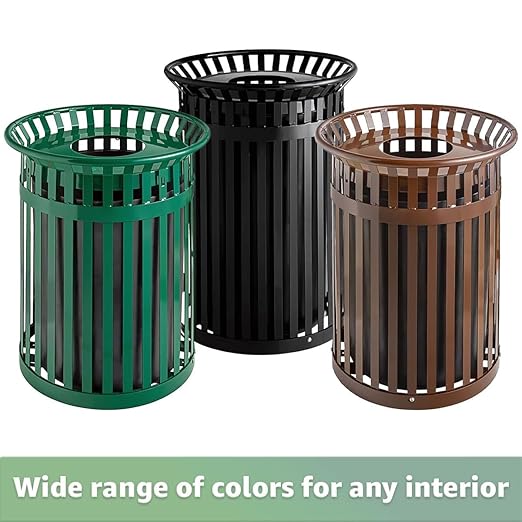 Zedfire 36 Gallon Green Waste Bin with Flat Lid, Outdoor Heavy-Duty Commercial Trash Can Steel Slatted, Round Recycle Container, Durable Garbage Can for Parks, Municipalities, Parking, Schools