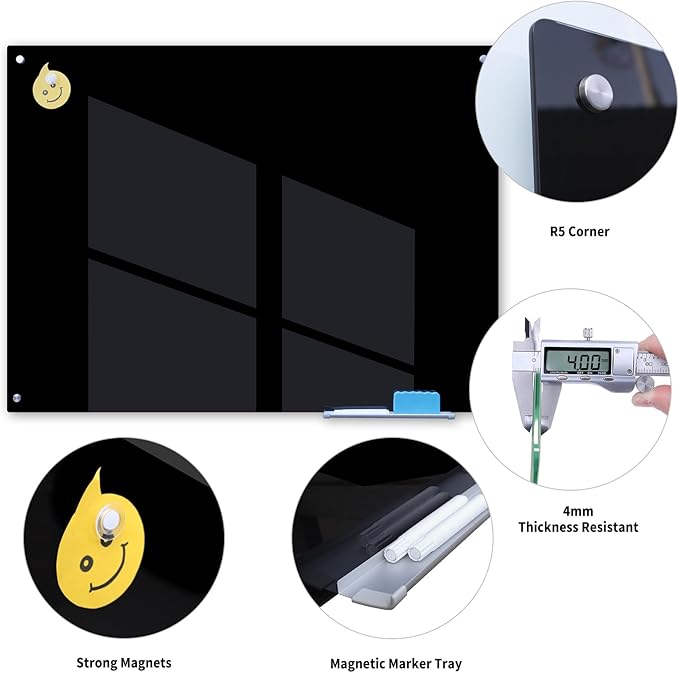 JYYPWB Magnetic Glass Whiteboard 48" x 36" Dry Erase Board Frameless Premium Tempered Galssboards Wall Mounted Glossy writeboard with Eraser, Marker Tray for Interactive Office, (Black)