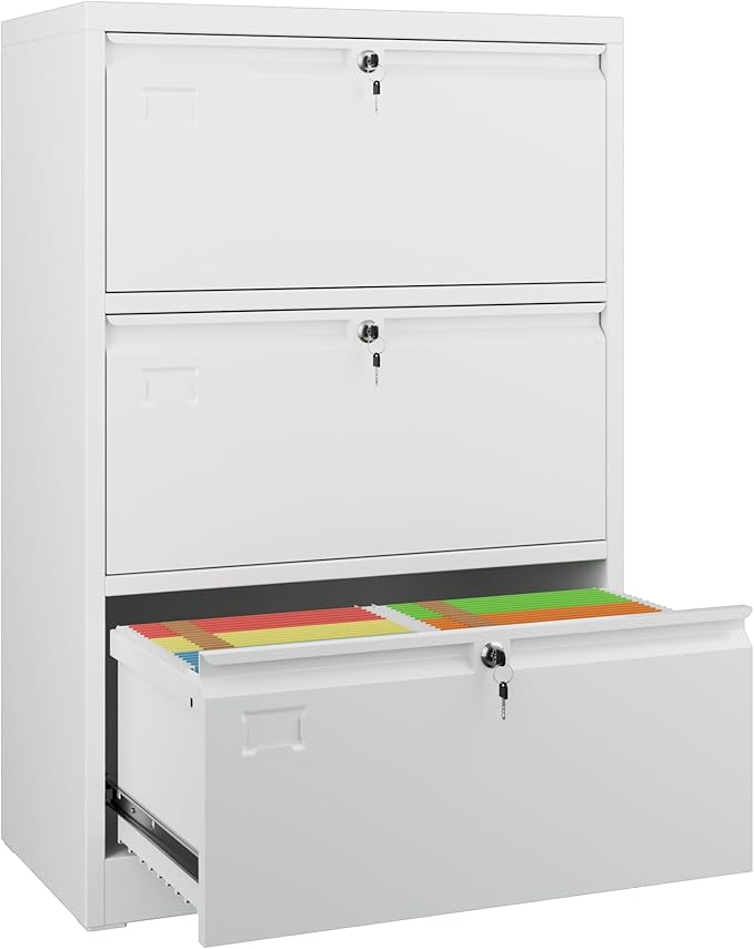 SUXXAN 3 Drawer File Cabinet, Lateral Filing Cabinet with 3 Locks for Home Office, Black File Cabinets with Business Card Holder for Letter/Legal/F4/A4 Hanging Files