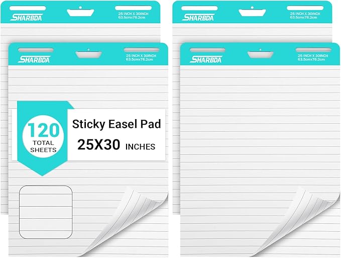 SHARBDA Lined Sticky Easel Pad, 25 * 30 inch,Self-Stick Flip Chart Paper, Super Adhesive & Bleed-Resistant,Micro-Perforated Tear,Classroom Teacher Office Presentation Pads,4 Pads/Pack,120Sheets