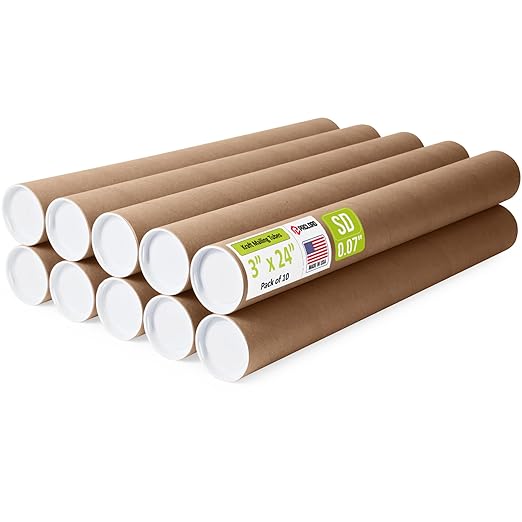 3" x 24" Reinforced Kraft Paper Mailing Tubes, Pack of 10 Tubes with 2 Caps Each – USPS Approved Poster Tube – Made in USA Cardboard Tube for Shipping and Storing Posters, Prints, Artwork, Documents