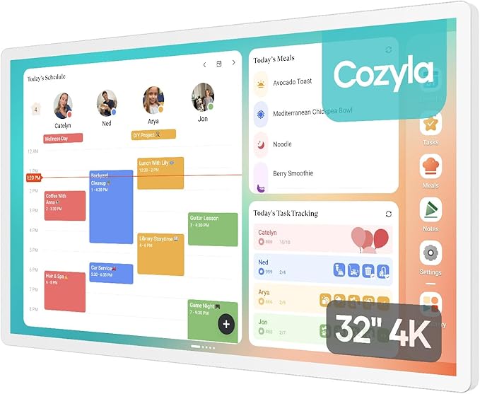 Cozyla Digital Calendar+ 2: 32’’ 4K Wall Planner Touch Screen Chore Chart Customize Dashboard Smart Electronic Calendar for Family Schedules Meal Planner Support Any Google Play App Wall Mount White
