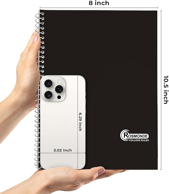 Rosmonde 1 Subject Spiral Notebook, 12 Pack, College Ruled, Water Resistant Cover, Thick 140 Pages/Book (70 Sheets), 8 x 10-1/2, 3 Hole, Bulk School & Office, Black Cover