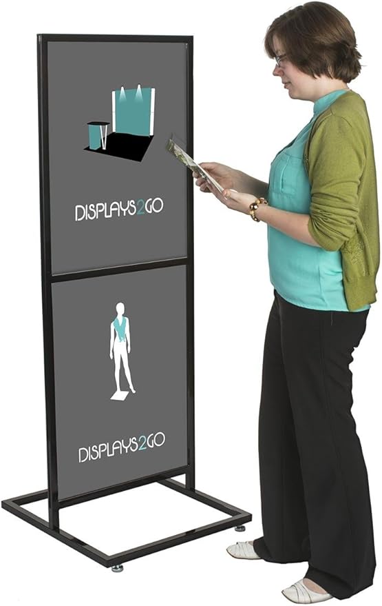 Displays2go Freestanding Poster Holder for up to 2 Graphics - Pedestal Sign Holder Floor Stand - Portrait Sign Stand for Lobbies and Advertising - Black (TWN2BK)