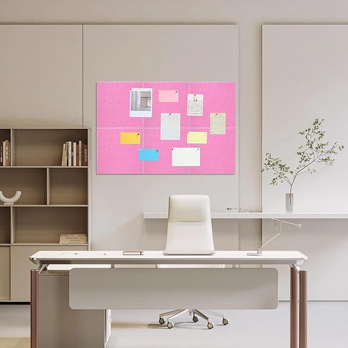 Large Cork Board 36" x 24", 6 Pack Felt Wall Tiles with Colored Pushpins, Bulletin Board with Removable Self-Adhesive Strips, Pin Board Cork Boards for Walls Office Home-Hot Pink