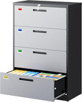 PEUKC 4 Drawer File Cabinet, Lateral Filing Cabinets for Home Office, Office Storage Drawers with Lock, Hanging Files Legal/Letter A4 Size (Assemble Required,Black Grey)